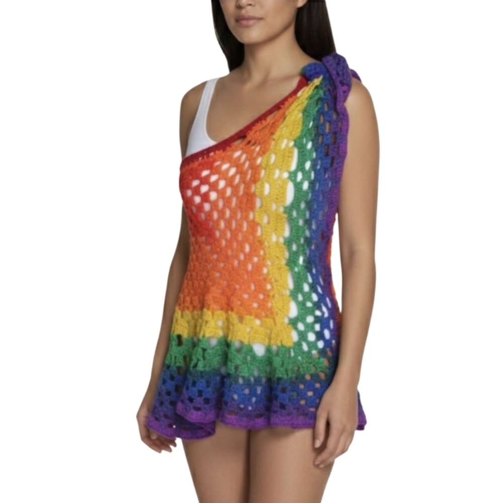 Rainbow Granny Square Crochet Dress Cover Up Resort Festival 14-in-1 Summer Swim